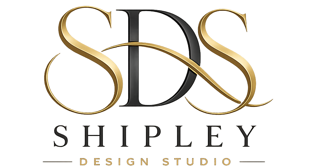 Logo for SD Shipley Design Studio with gold intertwined S D S initials and 'DESIGN STUDIO' text on a glowing dark background.