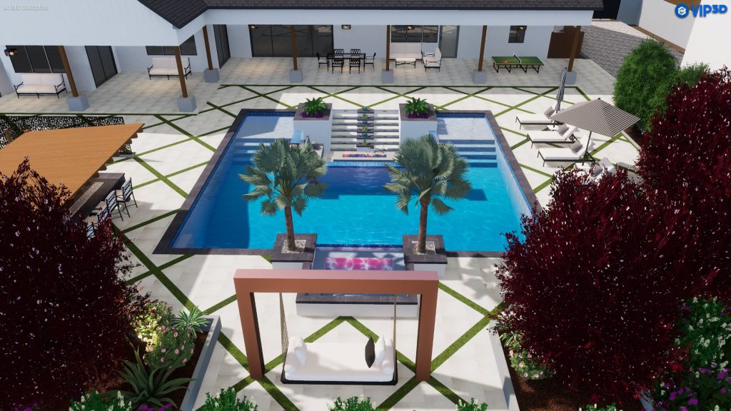 A modern backyard with a rectangular pool, a central stepped water feature, and palm trees; surrounding lounge chairs, umbrellas, and seating areas overlook a tiled courtyard.