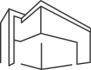 Abstract 3D line drawing of a modern building, shown in perspective, as a minimalist architectural logo.