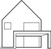 Line drawing of a house with a pitched roof and an attached garage, featuring an open garage door.